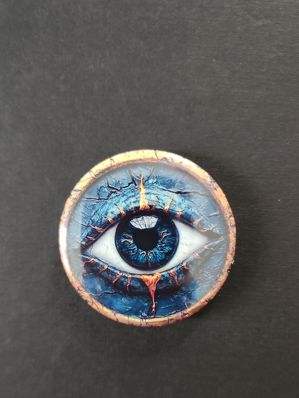 Blue Evil Eye Graphic Pin Back Button Badge Gold Accent OS